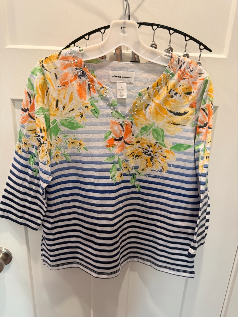 Alfred Dunner Small Floral Striped Rhinestone Embellished 3/4 Sleeve Top